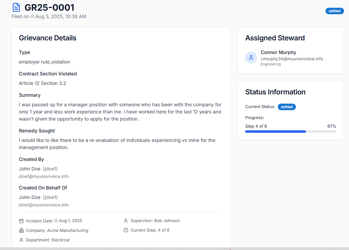 Grievance case GR25-0001 showing employer rule violation details, assigned steward Connor Murphy, and case progress at step 4 of 6